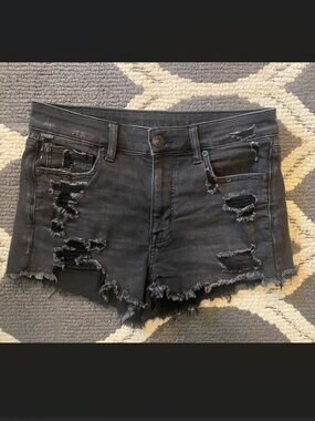 American Eagle Hi-Rise Shortie Distressed Stretch Shorts Black Wash Size 8